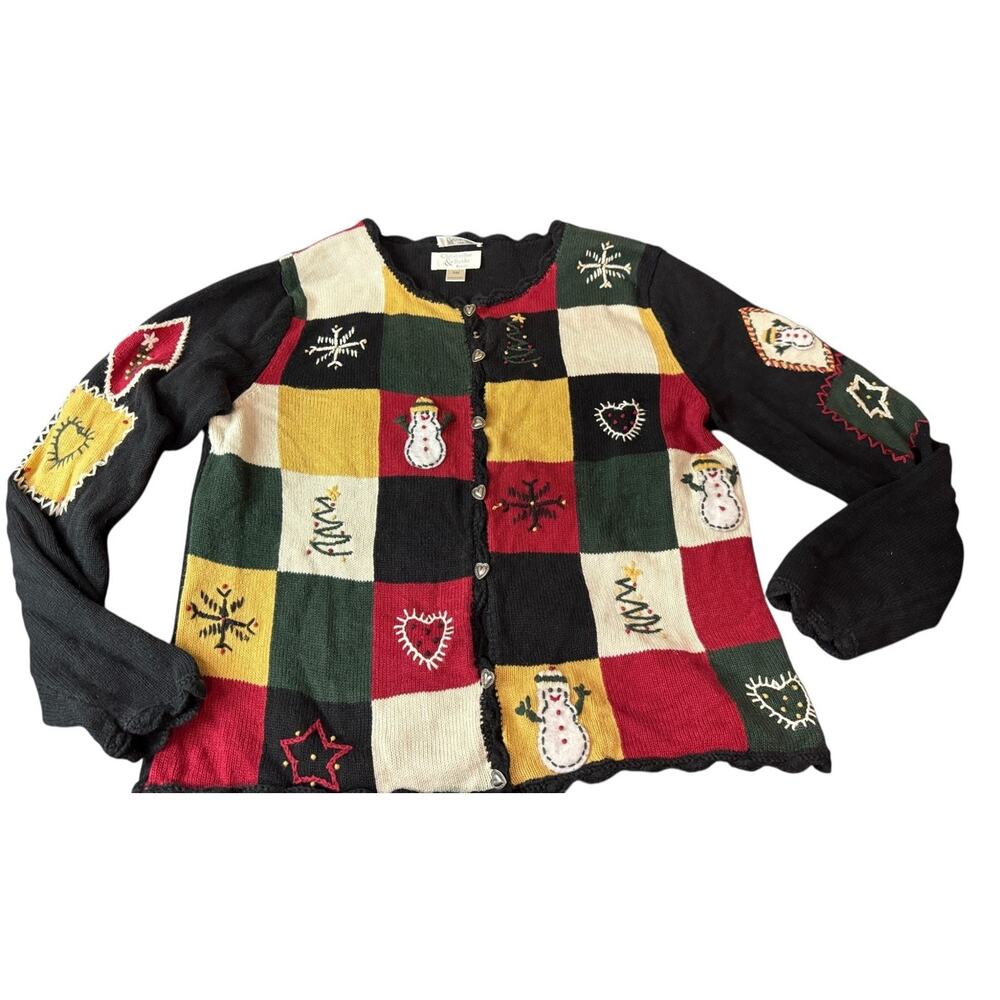 Petite Medium Christopher & Banks Christmas Cardigan Embroidered Holiday Patch